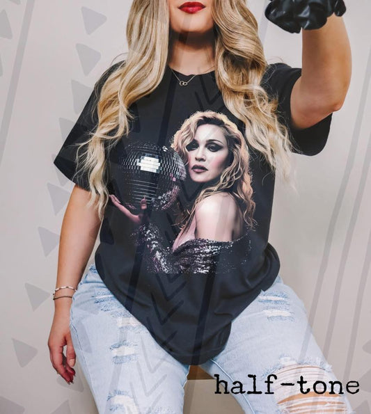 Madonna Graphic Tee, Retro Pop Icon Halftone Shirt, 80s Music Legend Graphic Tee, Youth and Adult Sizing, DTF Printed