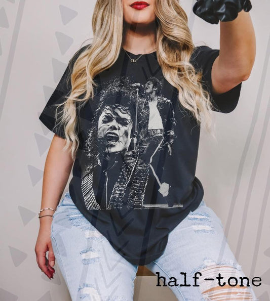 MJ Pop Music Icon Graphic Tee, Retro Concert Halftone Shirt, Youth and Adult Sizing, DTF Printed