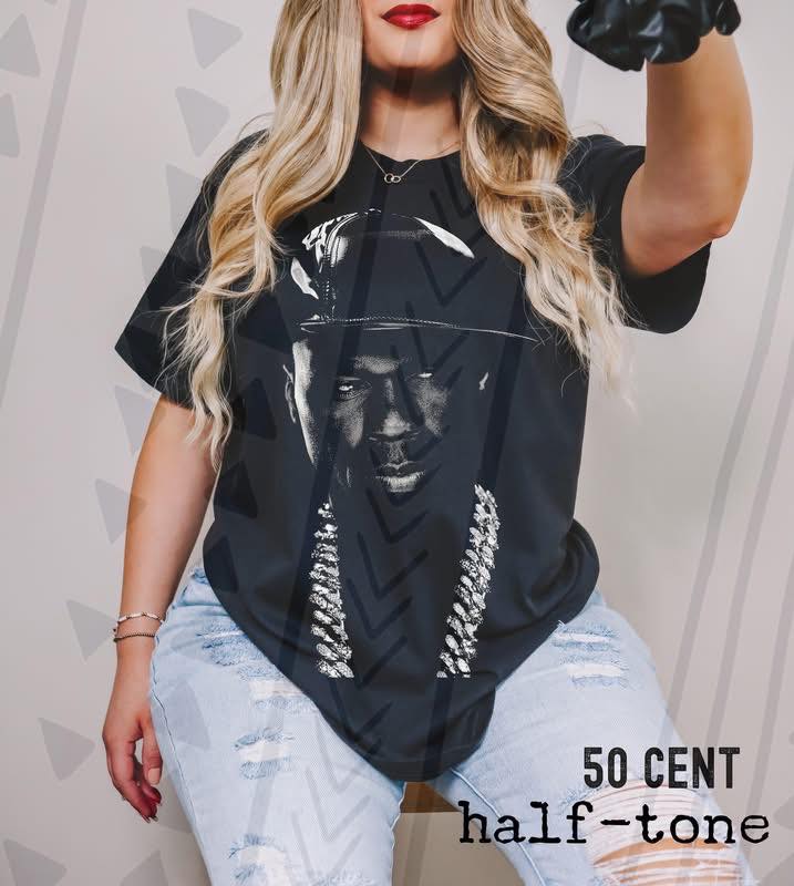 50 Cent Graphic Tee, 2000s Rap Icon Shirt, Vintage Hip Hop Halftone Graphic Tee, Youth and Adult Sizing, DTF Printed - Pretty Petty Co