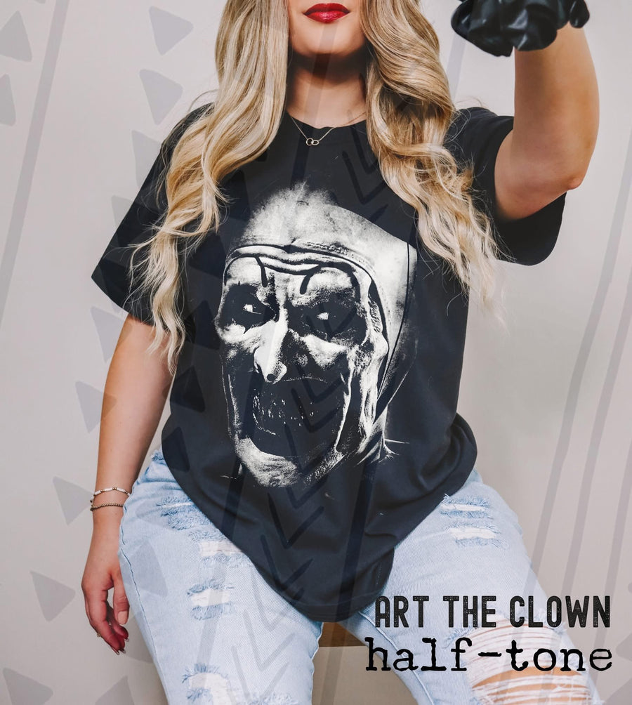 Horror Movie Clown Graphic Tee, Retro Slasher Halftone Shirt, Youth and Adult Sizing, DTF Printed - Pretty Petty Co