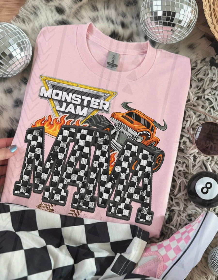 Monster Truck Mama Faux Embroidery Graphic Tee – Racing Mom Shirt – Unisex DTF Print - Pretty Petty Co