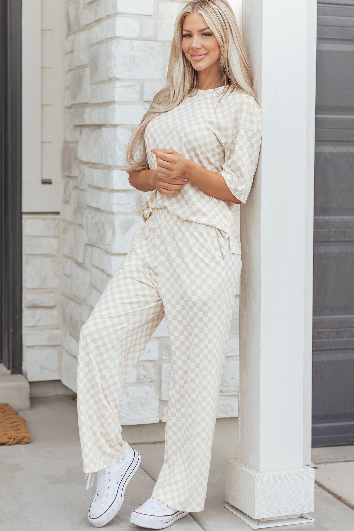 Rose Checkered Print Half Sleeve Tee 2pcs Lounge Pant Set - Pretty Petty Co