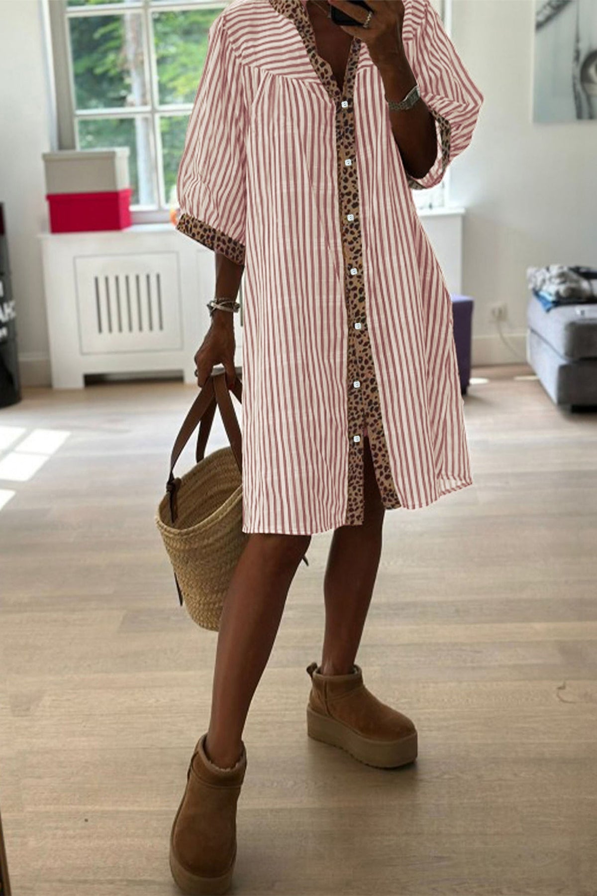 Khaki Stripe Square Button Leopard Trim Loose Bracelet Sleeve Shirt Dress - Pretty Petty Co
