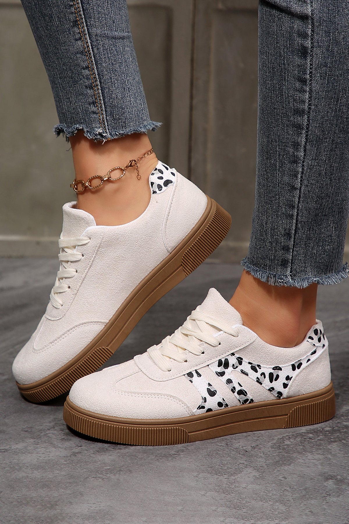 White Suede Leopard Color Block Trim Lace-up Casual Shoes - Pretty Petty Co