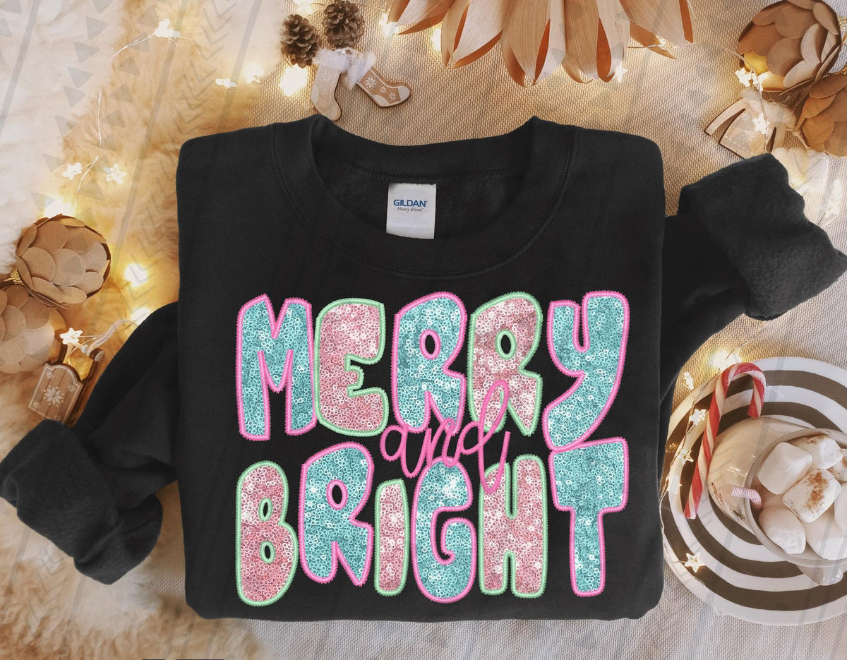 Merry and Bright Pastel Sequin Graphic Sweatshirt | Colorful Christmas Shirt