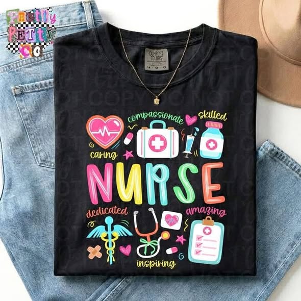 Colorful Nurse Doodle Shirt – Fun Medical Graphic Tee, Trendy Nurse Life T-Shirt, Cute Bright Nurse Illustration Apparel - Pretty Petty Co