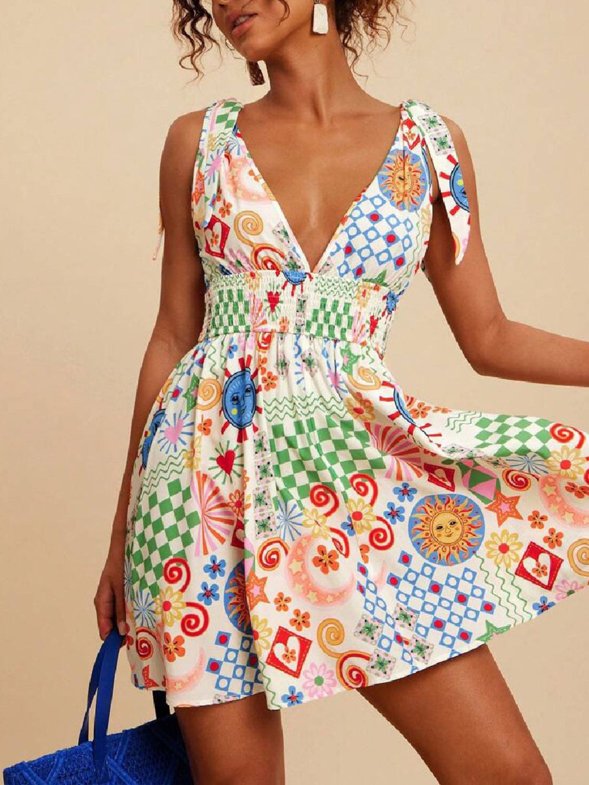 V-Neck Sleeveless Smocked Waist Printed Mini Dress - Pretty Petty Co