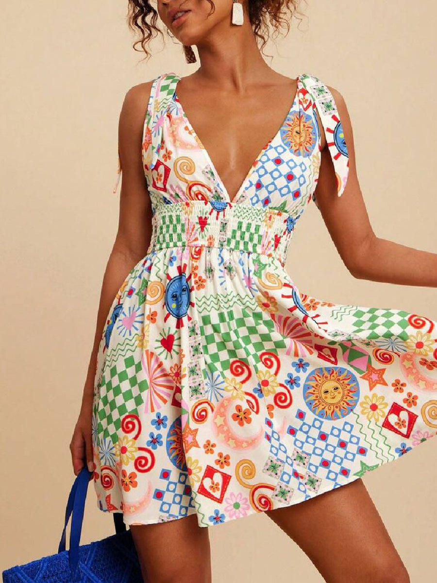 V-Neck Sleeveless Smocked Waist Printed Mini Dress - Pretty Petty Co