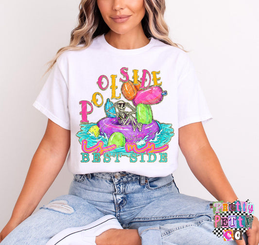 Pool Side, Best Side T-Shirt – Summer Vibes Graphic Tee, Funny Relaxation Shirt, Cute Boutique Style Top for Women & Teens