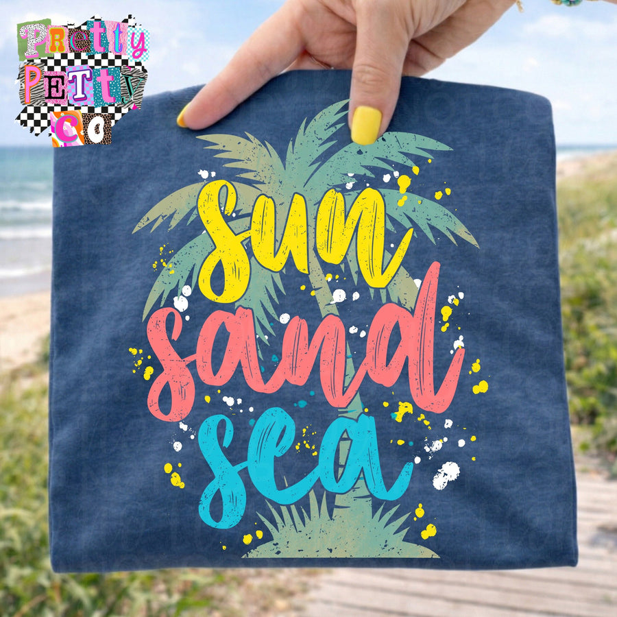 Sun Sand Sea Shirt, Summer Beach Tee, Coastal Vacation Shirt, Tropical Graphic Tee - Pretty Petty Co