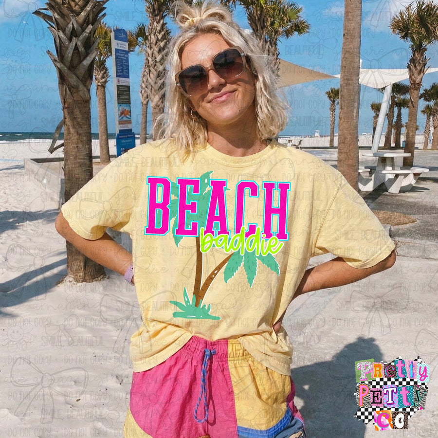 Beach Baddie T-Shirt – Funny Summer Graphic Tee, Cute Vacation Vibes Boutique Shirt for Women, Playful Tropical Everyday Top - Pretty Petty Co