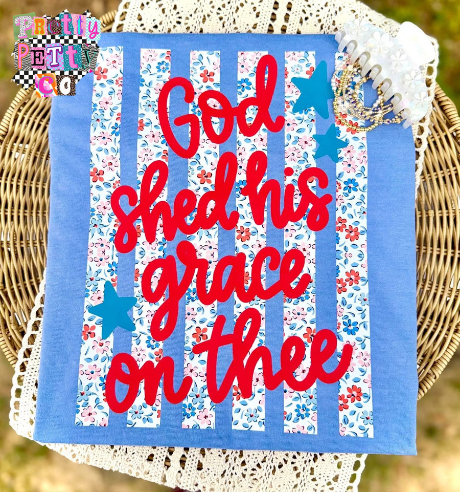 God Shed His Grace on Thee Graphic Tee, Trendy Faith Patriotic Shirt, Cute Christian America Tee - Pretty Petty Co