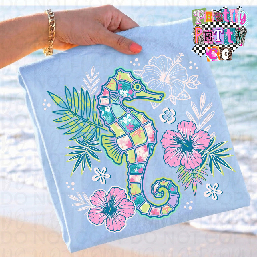 Seahorse Beach Vibes Tee, Tropical Ocean Shirt, Summer Beach Outfit, Nautical Graphic Shirt - Pretty Petty Co