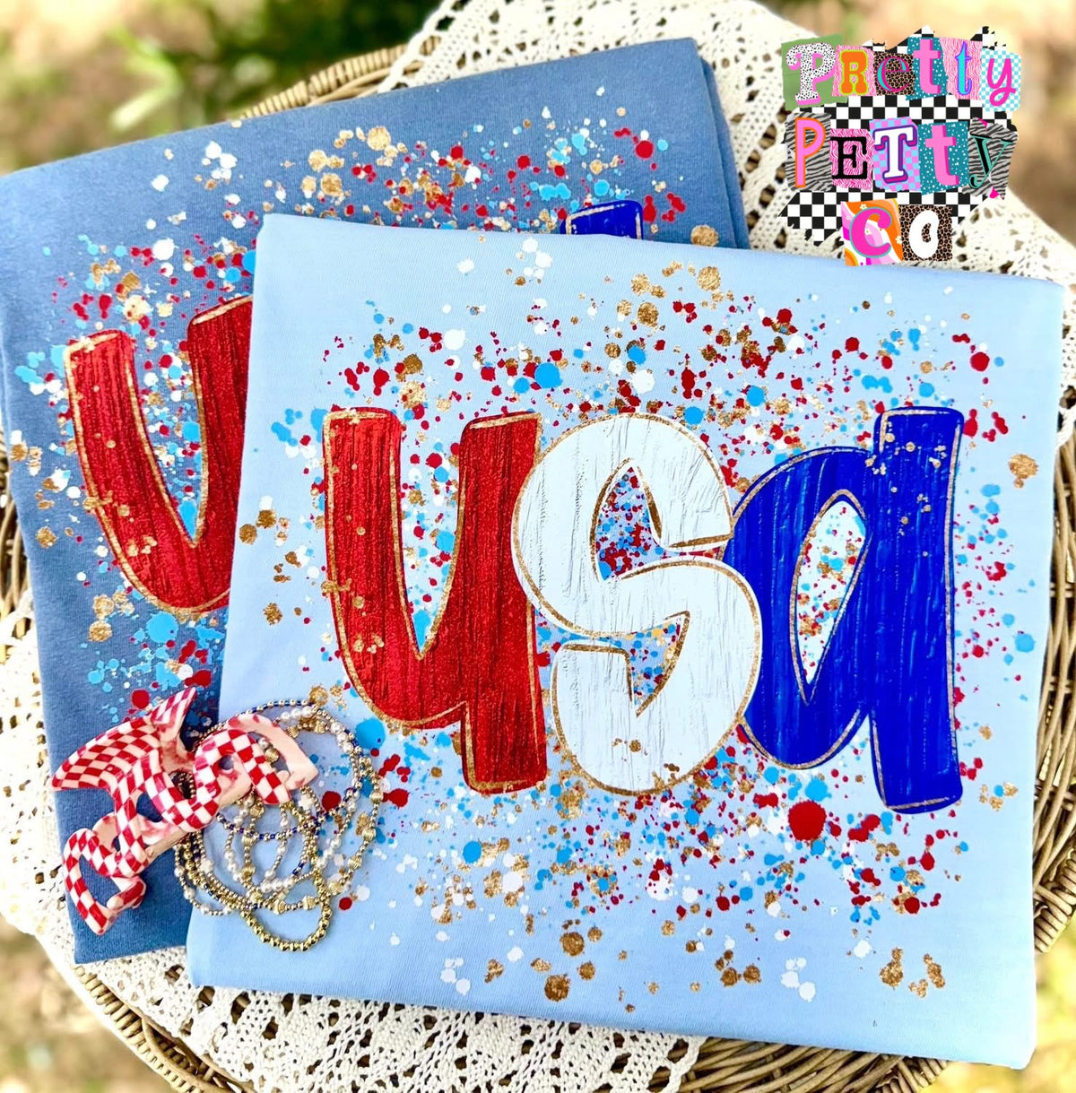 USA Splatter Graphic Tee, Trendy Patriotic Shirt, Bold Red White Blue Tee, Summer Boutique Tee - Pretty Petty Co