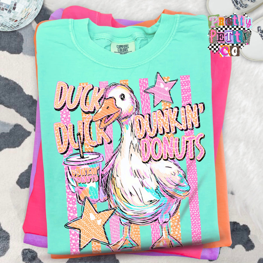 Funny Duck Duck Dunkin Tee, Cute Duck Coffee Shirt, Aesthetic Coffee Graphic Tee, Comfort Colors, Youth & Adult Sizes - Pretty Petty Co