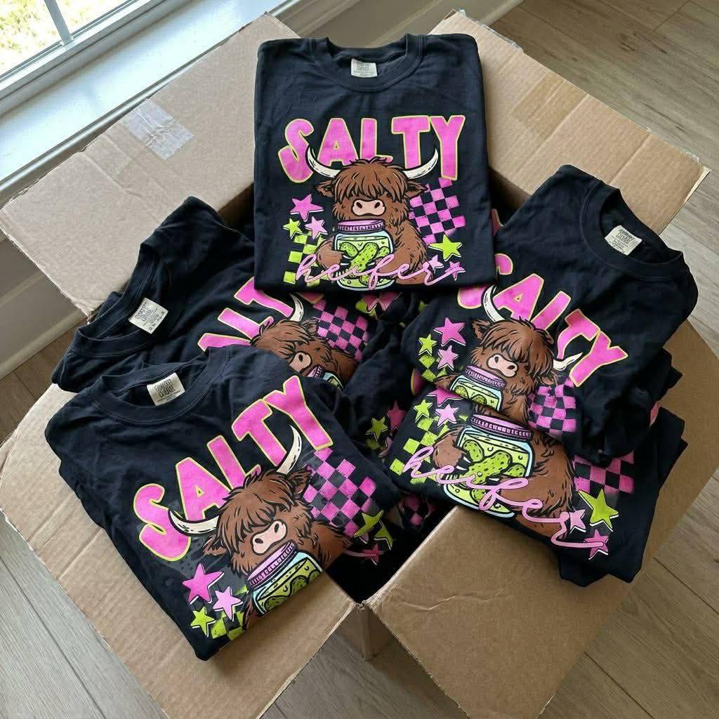 Salty Heifer Highland Cow Graphic Tee, Funny Farm Animal Shirt, Western Rustic Cowgirl Apparel, Comfort Colors, Youth & Adult Sizing - Pretty Petty Co