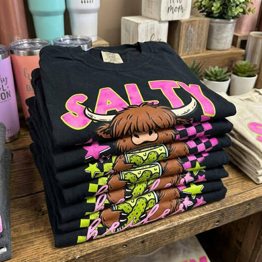 Salty Heifer Highland Cow Graphic Tee, Funny Farm Animal Shirt, Western Rustic Cowgirl Apparel, Comfort Colors, Youth & Adult Sizing