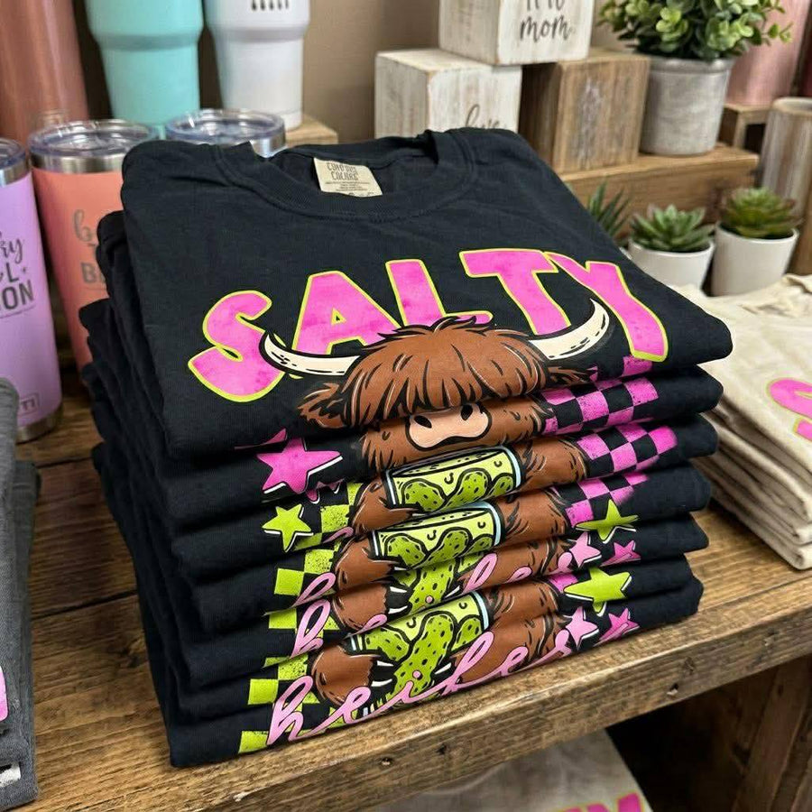 Salty Heifer Highland Cow Graphic Tee, Funny Farm Animal Shirt, Western Rustic Cowgirl Apparel, Comfort Colors, Youth & Adult Sizing - Pretty Petty Co