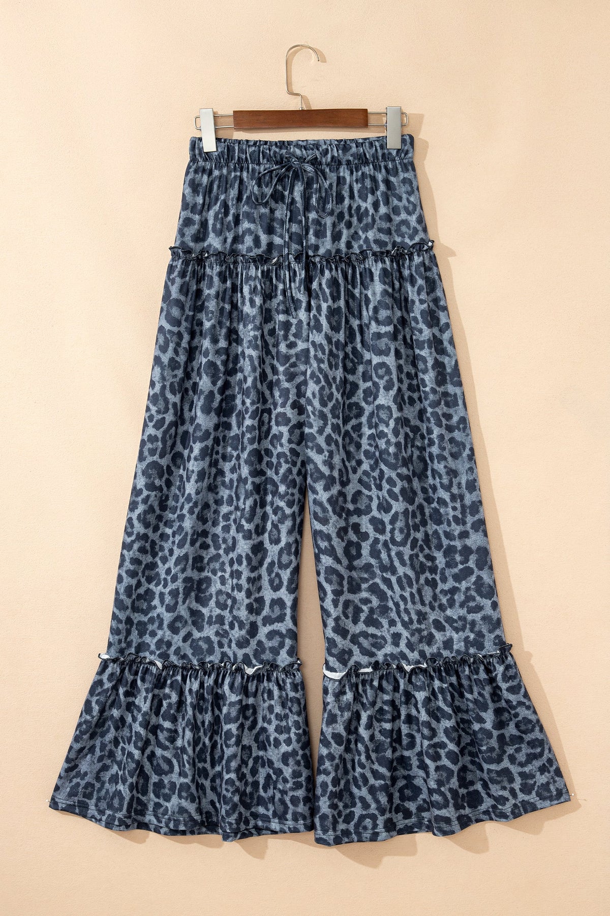 Gray Wild Leopard Print Frilled Detail Drawstring Wide Leg Pants - Pretty Petty Co
