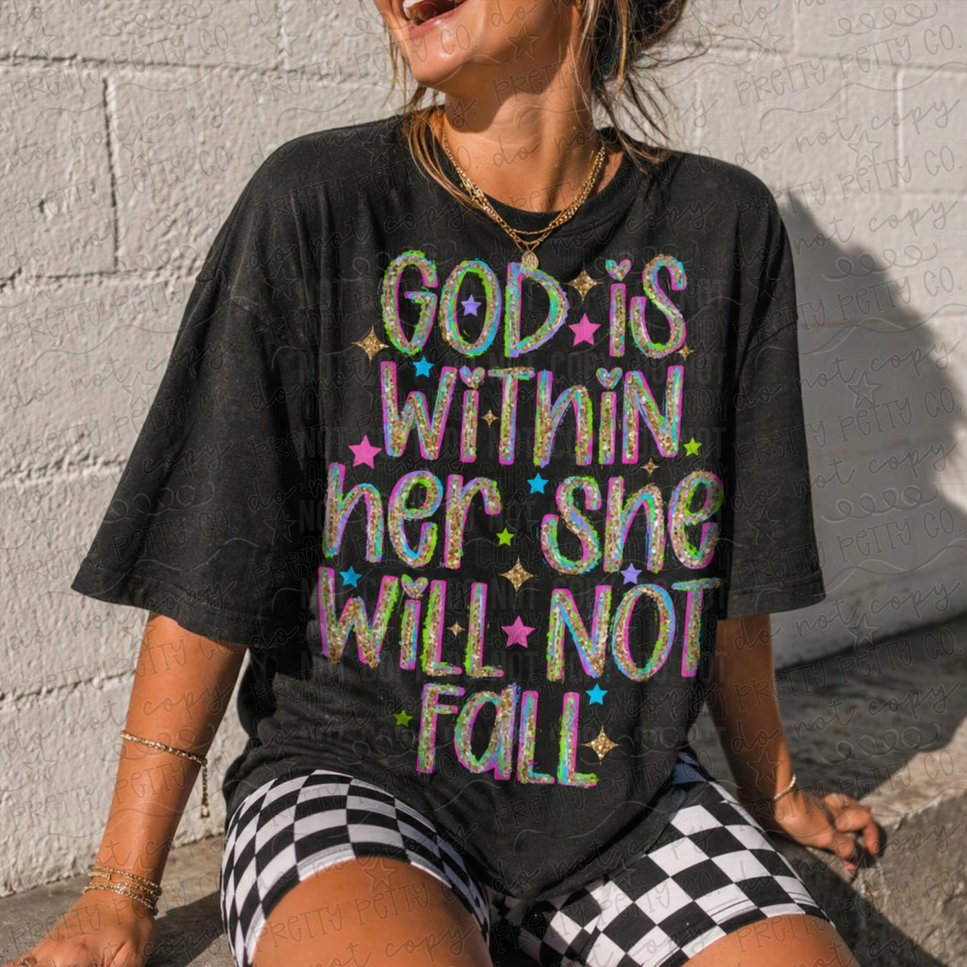 Colorful God Is Within Her She Will Not Fall Graphic Tee | Christian Faith Shirt | Psalm 46:5 Women’s T-Shirt