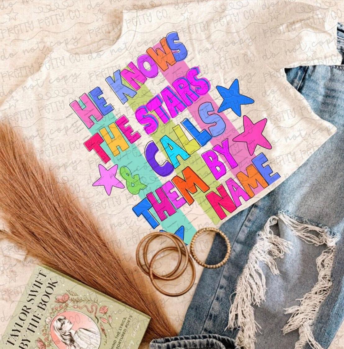He Knows the Stars by Name Faith Shirt, Christian Celestial Worship Tee, Inspirational Scripture Graphic T Shirt - Pretty Petty Co