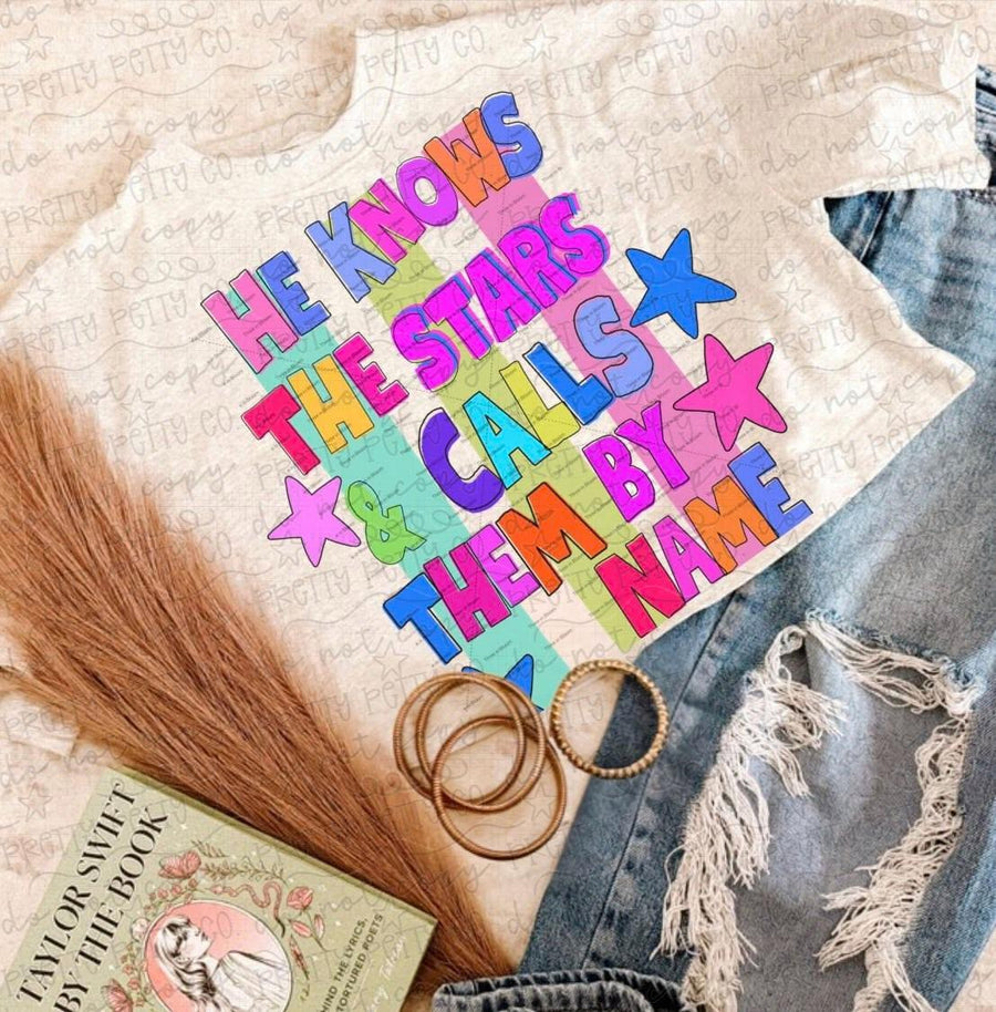 He Knows the Stars by Name Faith Shirt, Christian Celestial Worship Tee, Inspirational Scripture Graphic T Shirt - Pretty Petty Co