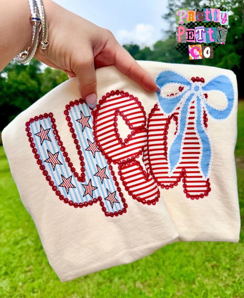 USA Patriotic Coquette Bow Shirt – Red, White & Blue Graphic Tee – Cute Boutique Style Top - Pretty Petty Co