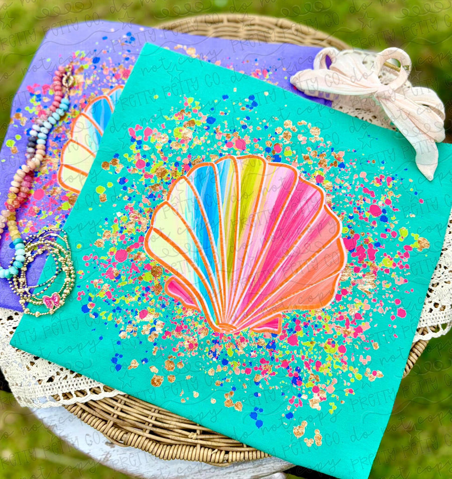 Colorful Splatter Seashell Graphic Tee, Retro Coastal Shirt, Beach Vacation Tshirt, Ocean Lover Summer Tee - Pretty Petty Co
