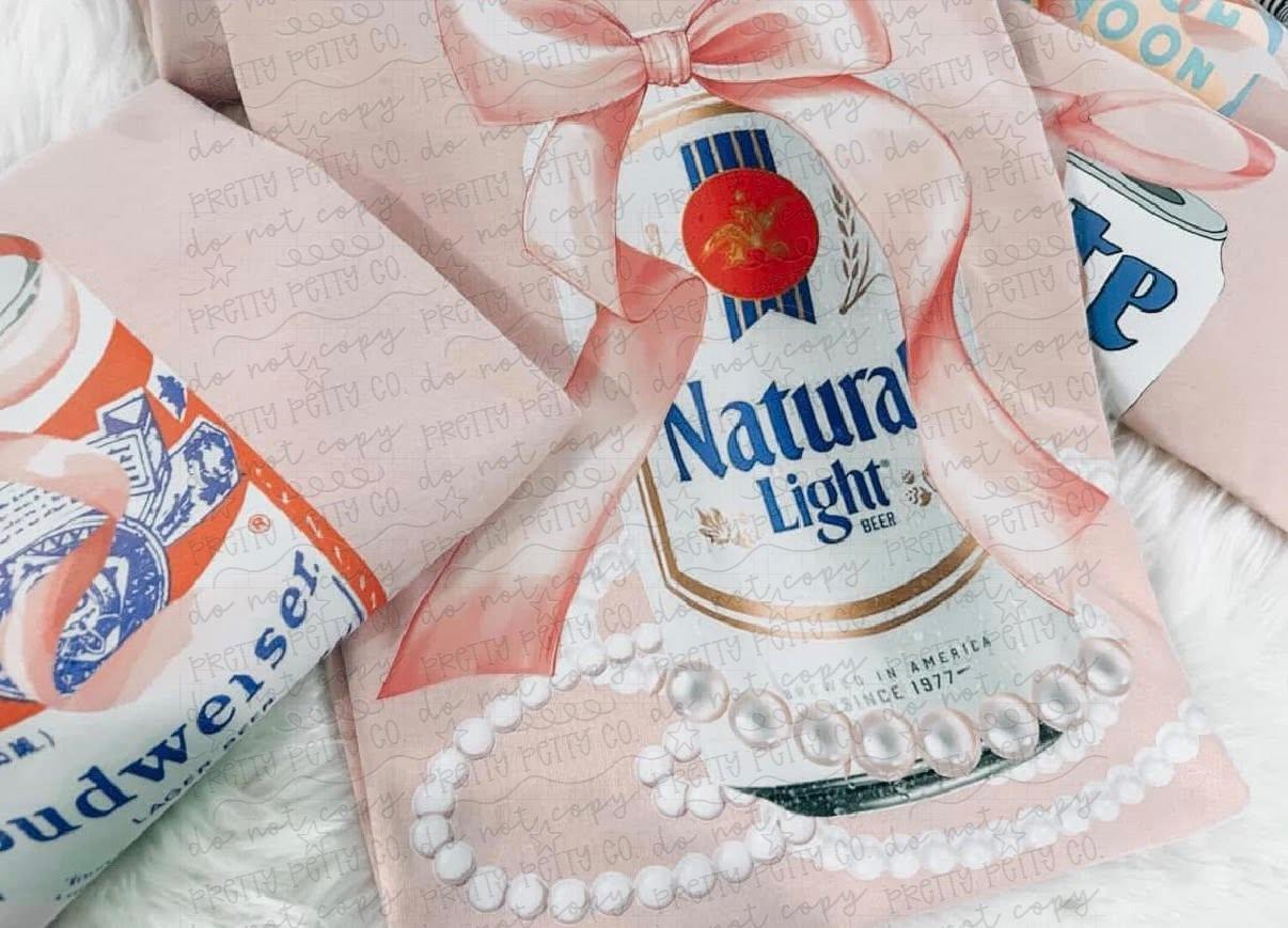 Natural Light Coquette Graphic Tee | Girly Beer Can Shirt | Pink Bow & Pearl Trendy T-Shirt