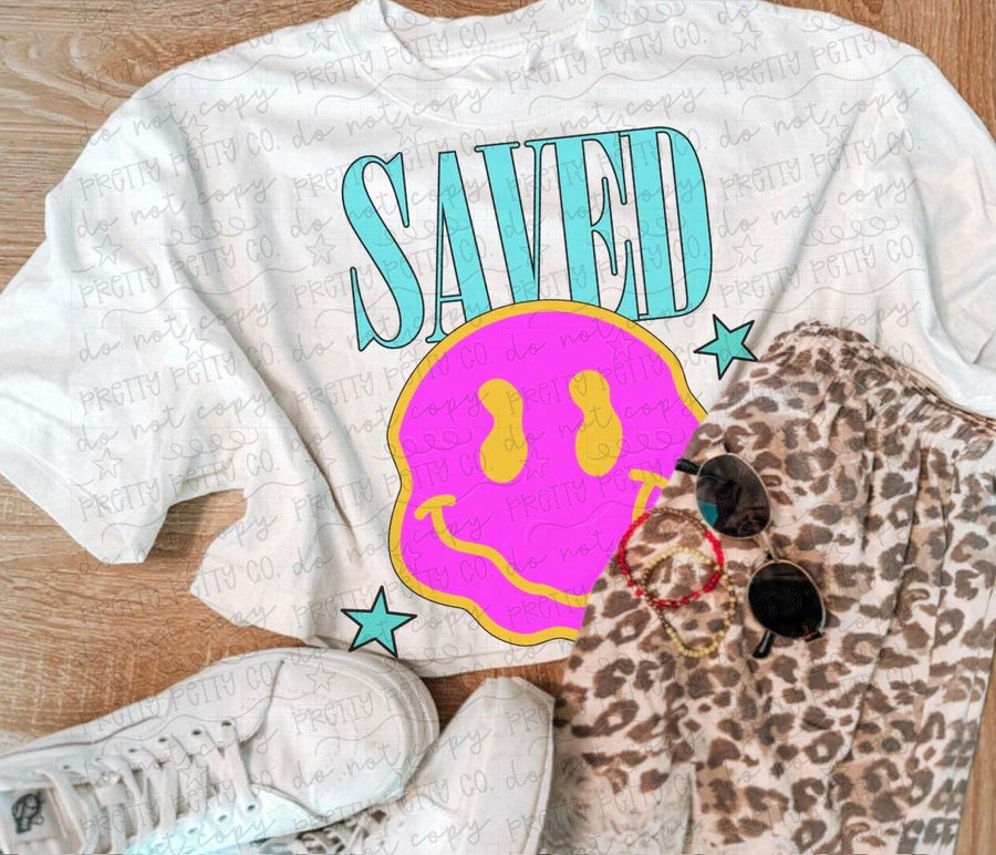 Saved Smiley Face Graphic Crop Tee | Retro Western Boutique Shirt | Colorful Trendy Graphic Tee | Cute Boutique T-Shirt for Women