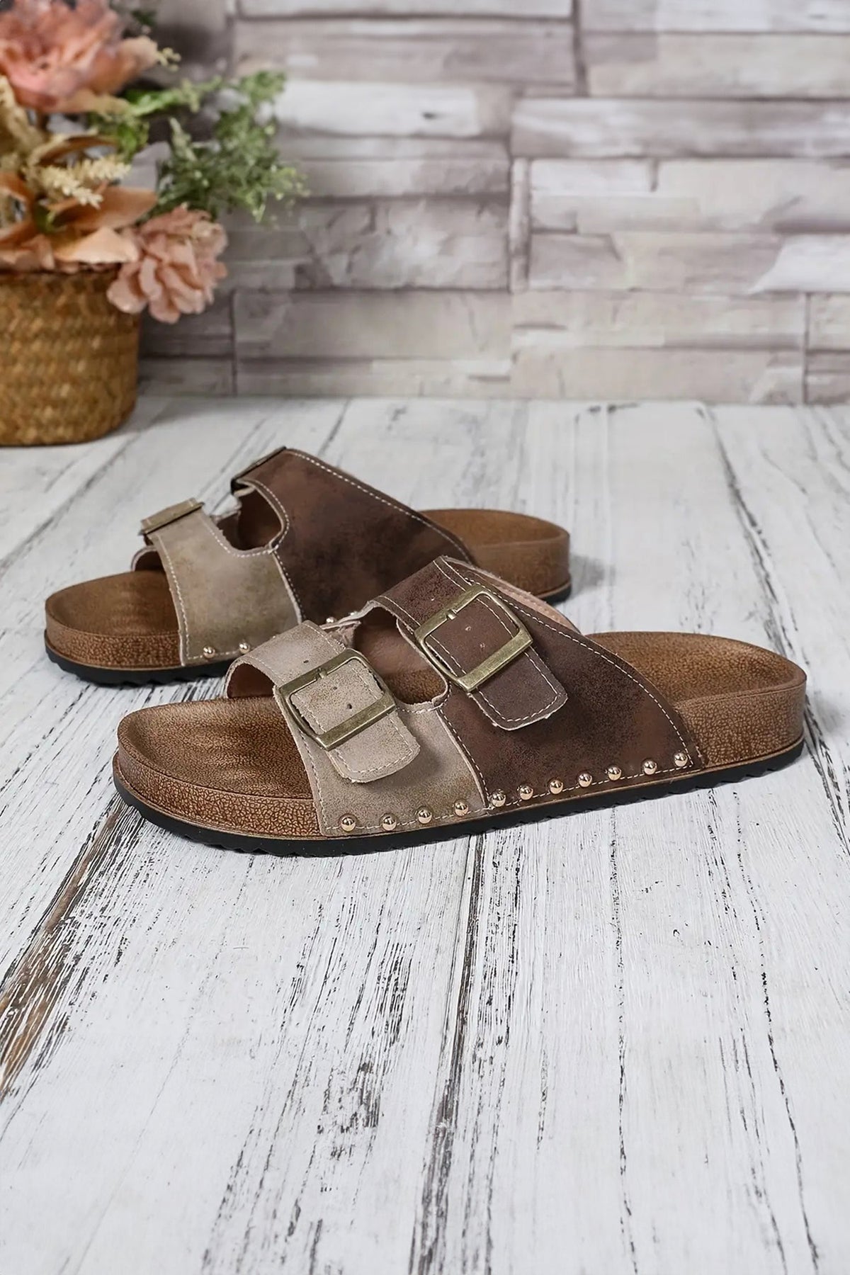Coffee Two-tone Retro Buckle Straps Hollowed Faux Suede Slippers - Pretty Petty Co