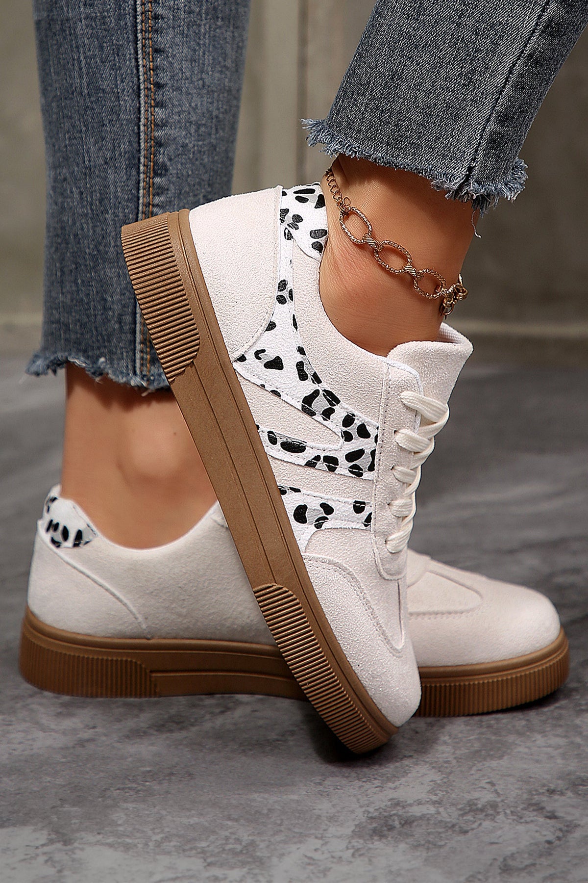 White Suede Leopard Color Block Trim Lace-up Casual Shoes - Pretty Petty Co