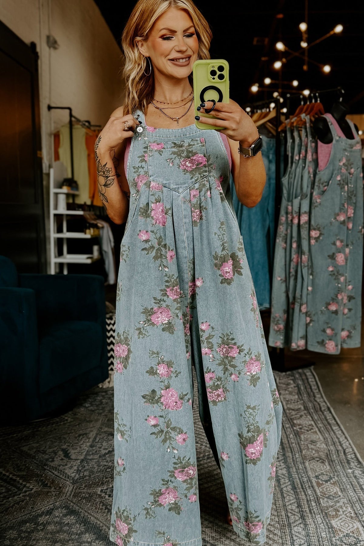 Beau Blue Floral Print Pleated High Waist Wide Leg Denim Jumpsuit - Pretty Petty Co