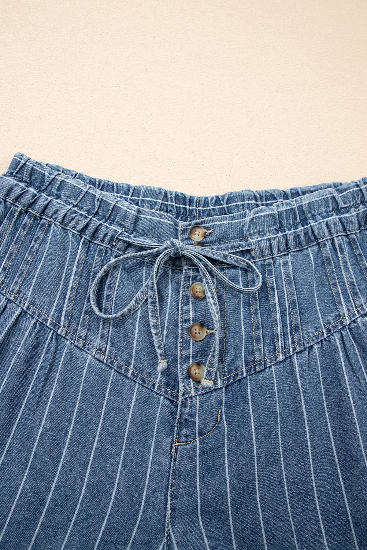 Sky Blue Stripe Button Pleated Drawstring Waist Casual Wide Leg Jeans - Pretty Petty Co
