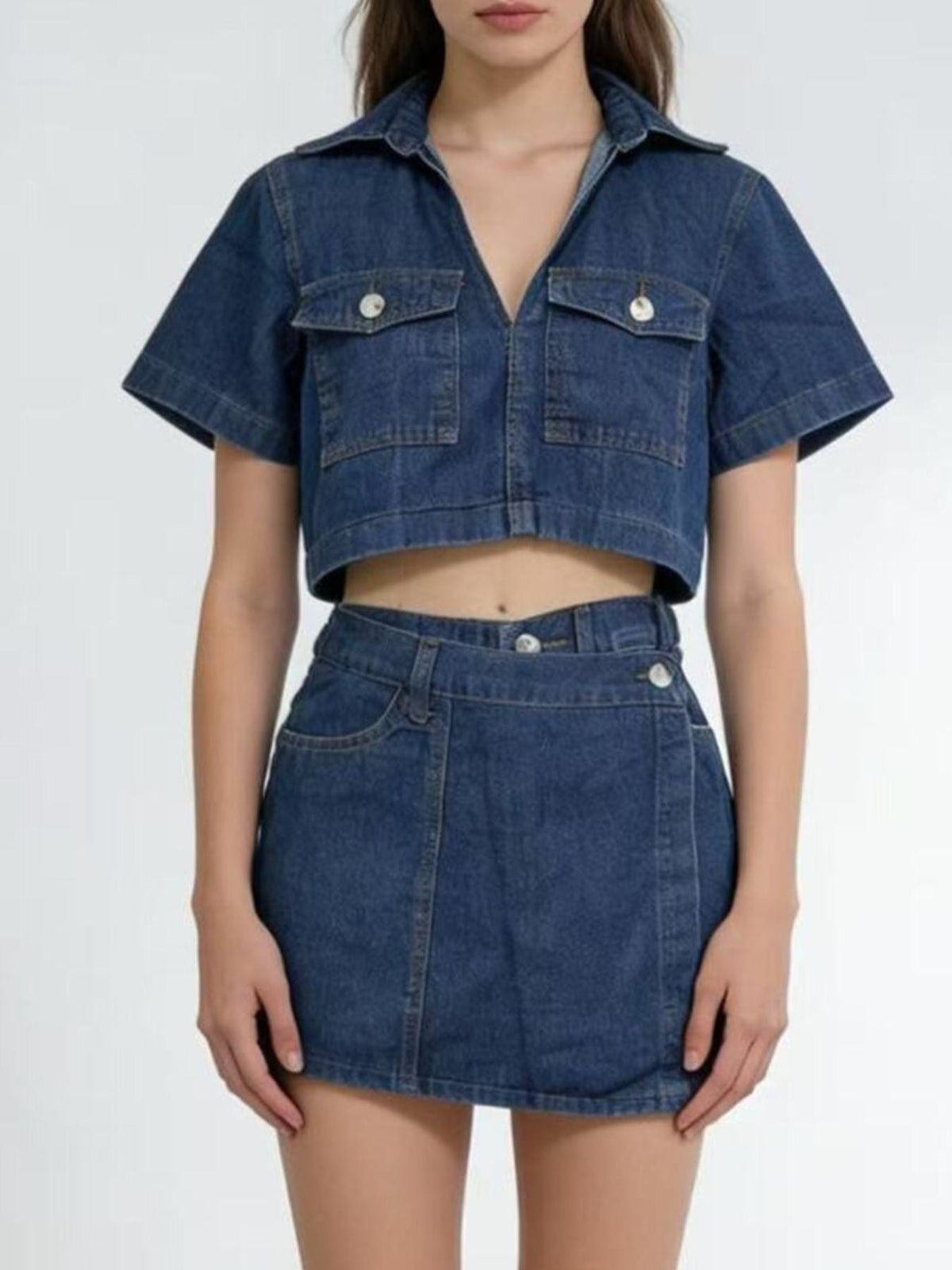 Short Sleeve Cropped Top and Skort Denim Set - Pretty Petty Co