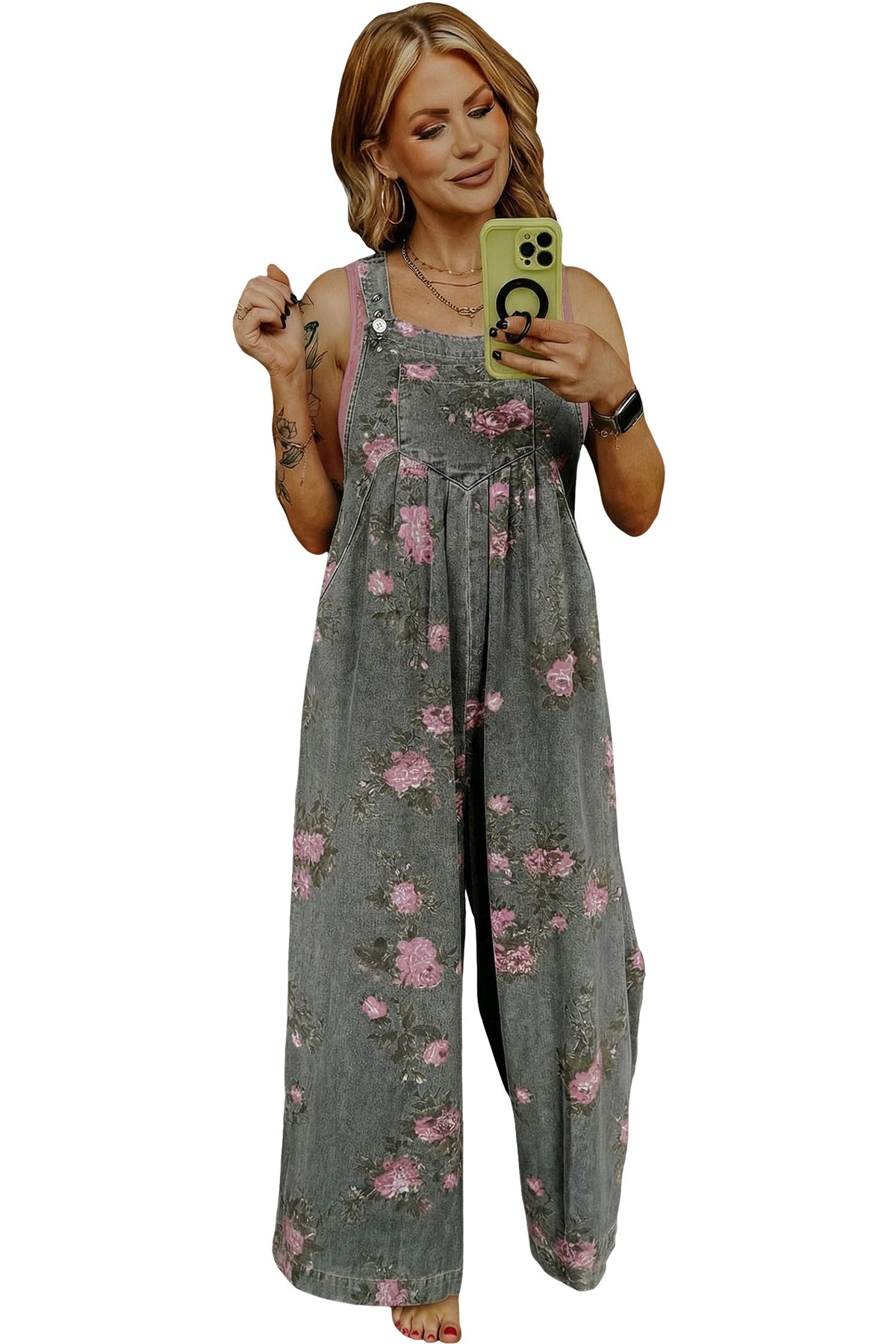 Beau Blue Floral Print Pleated High Waist Wide Leg Denim Jumpsuit - Pretty Petty Co