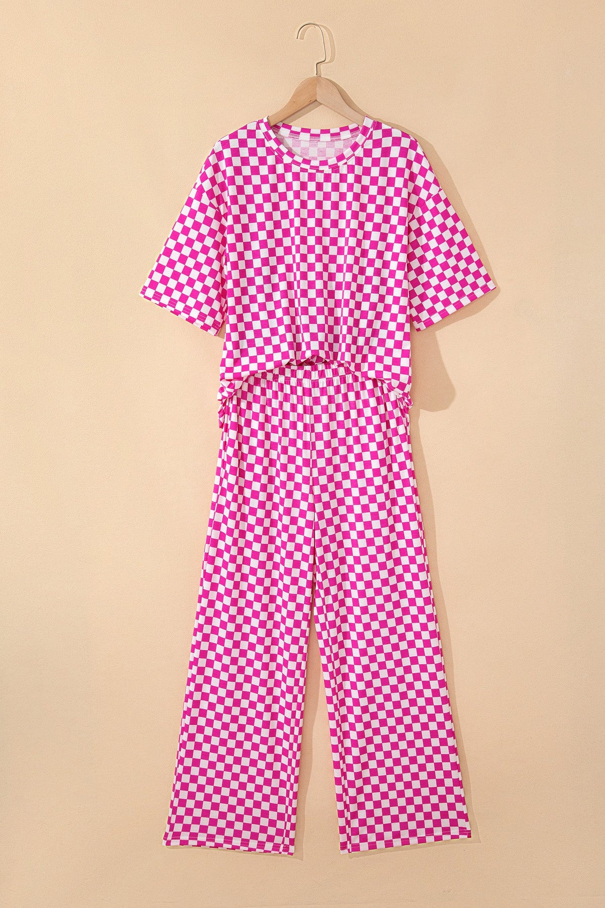 Rose Checkered Print Half Sleeve Tee 2pcs Lounge Pant Set - Pretty Petty Co