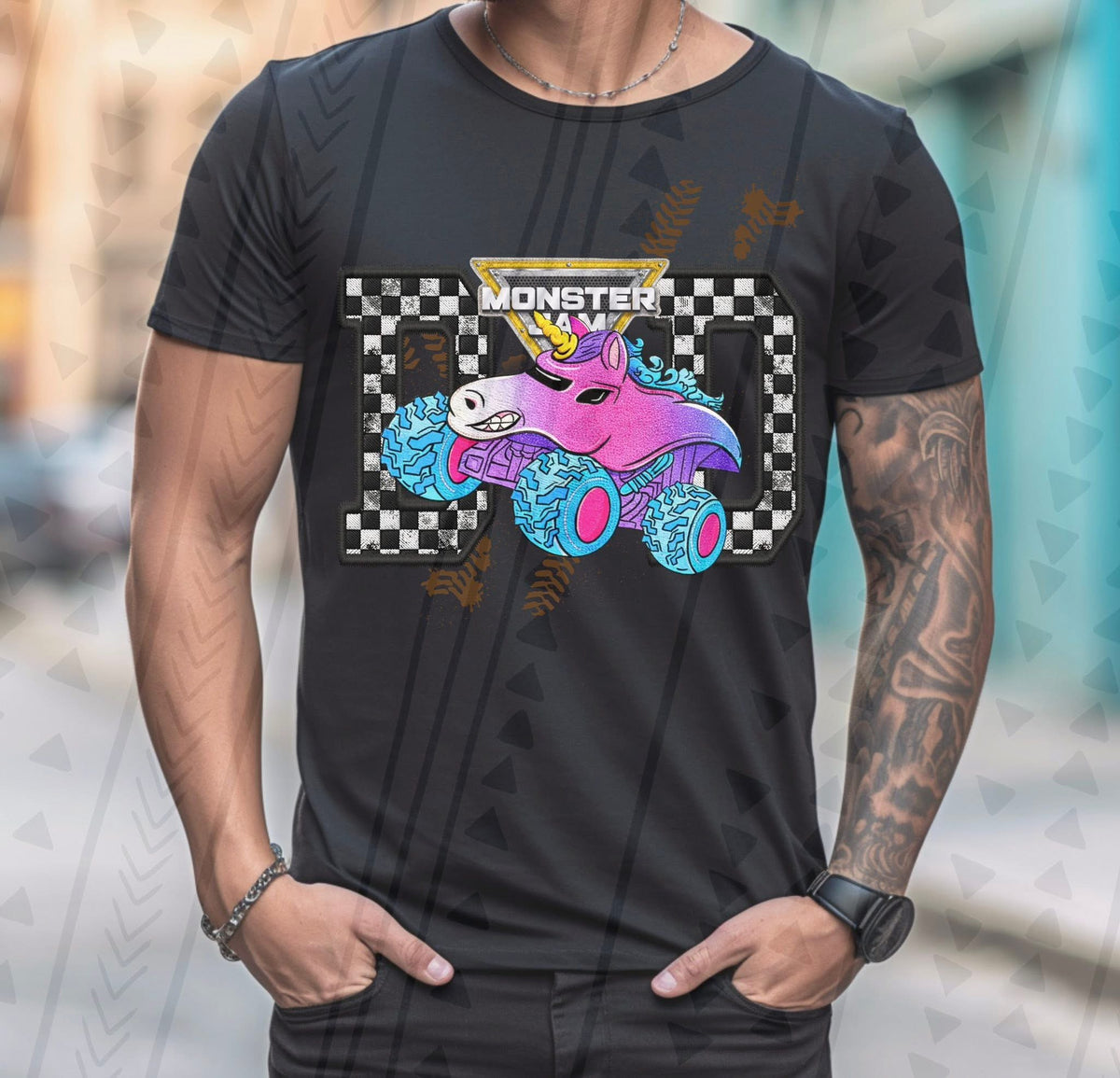 Monster Truck Dad Faux Embroidery Graphic Tee – Racing Dad Shirt – Unisex DTF Print - Pretty Petty Co