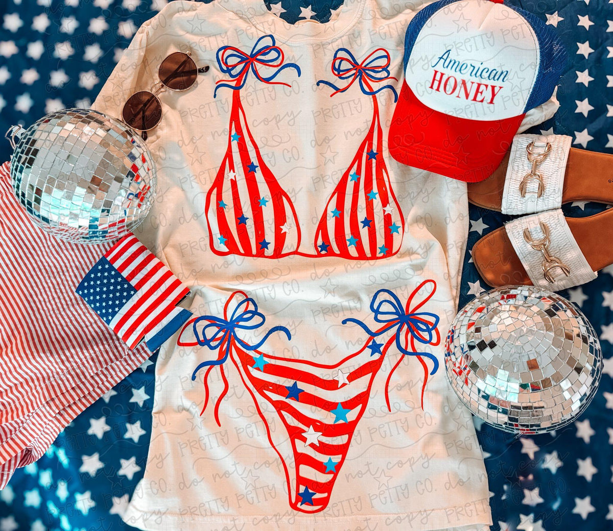 Patriotic Bikini Coquette Shirt, Fourth of July Graphic Tee, American Flag Swimwear Design, Retro USA Summer Tee, Cute Patriotic Comfort Colors Shirt - Pretty Petty Co
