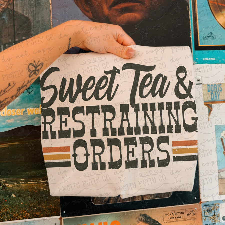 Sweet Tea & Restraining Orders Graphic Tee | Funny Southern Country Shirt | Retro Western Tee