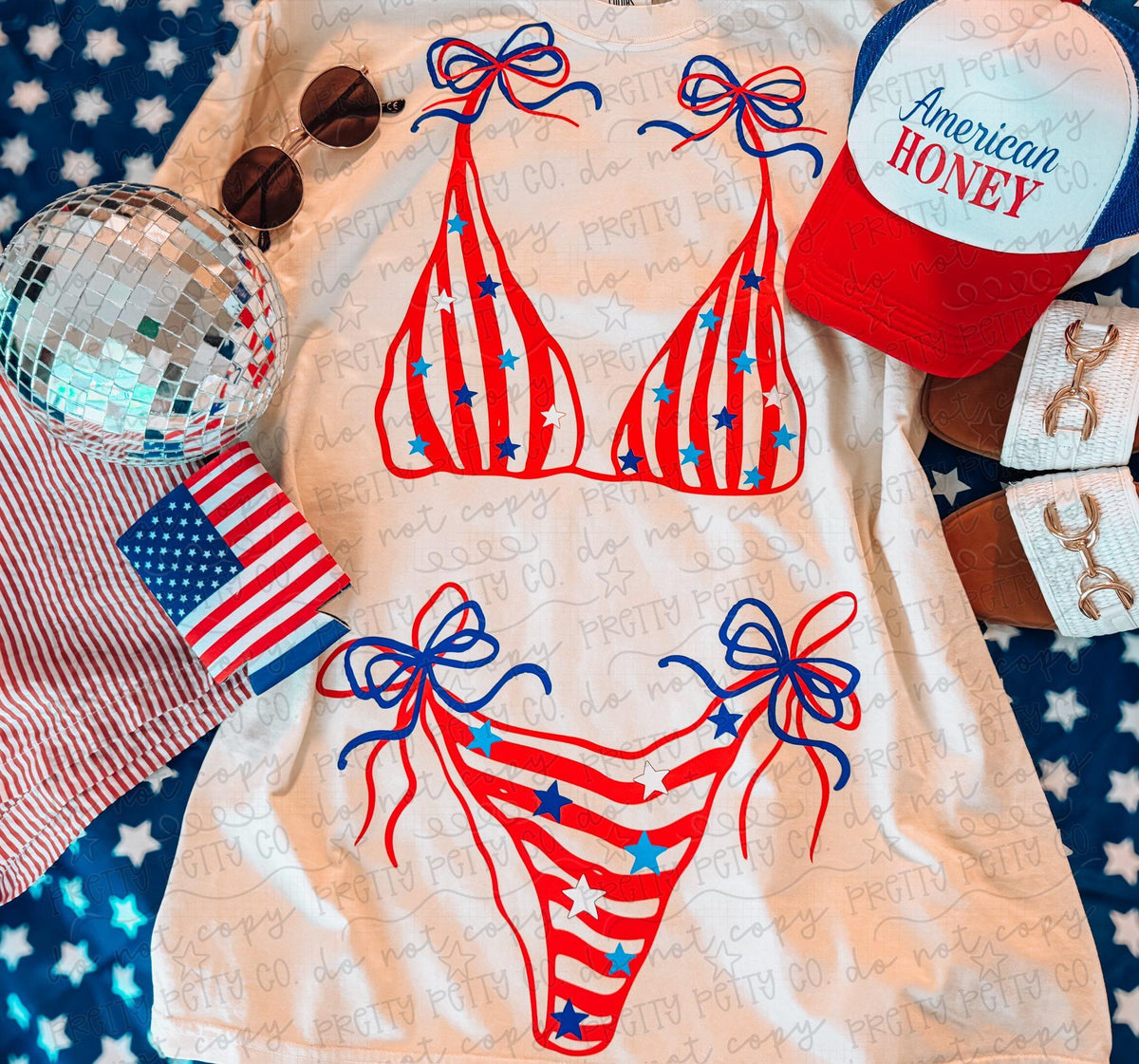 Patriotic Bikini Coquette Shirt, Fourth of July Graphic Tee, American Flag Swimwear Design, Retro USA Summer Tee, Cute Patriotic Comfort Colors Shirt - Pretty Petty Co