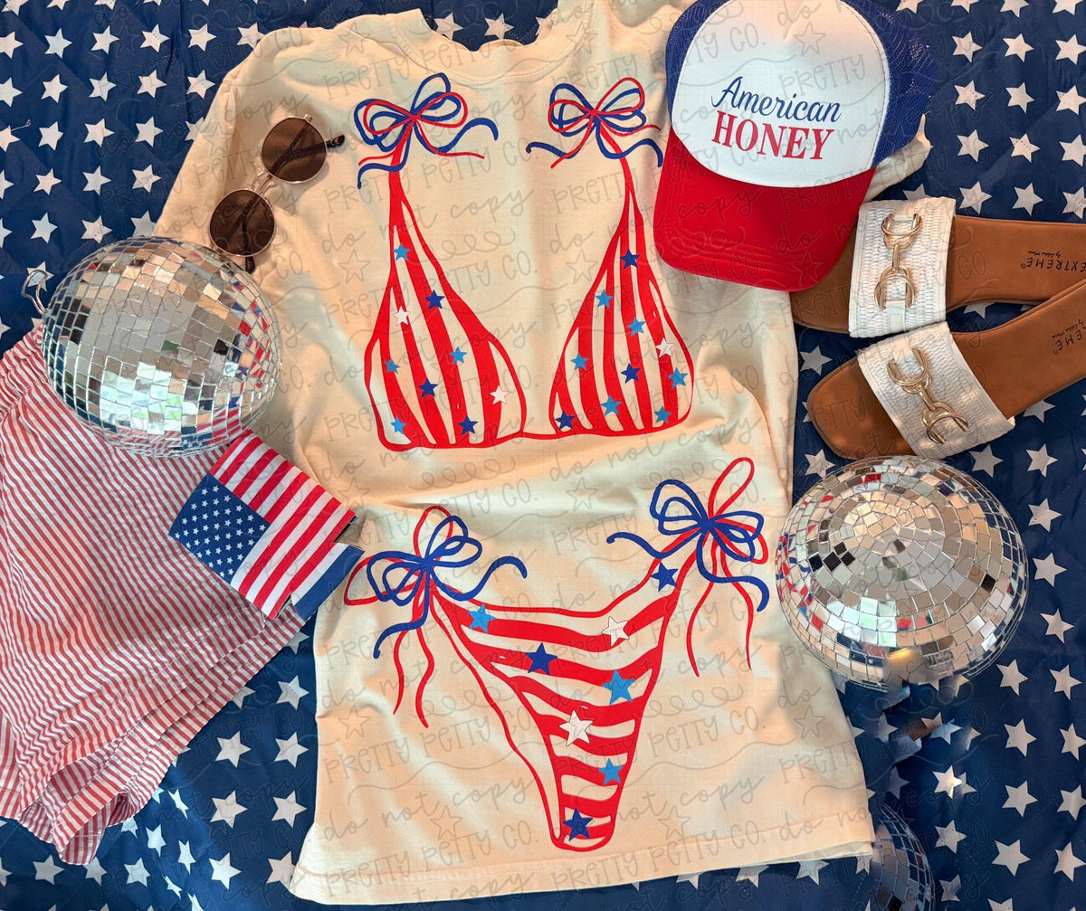 Patriotic Bikini Coquette Shirt, Fourth of July Graphic Tee, American Flag Swimwear Design, Retro USA Summer Tee, Cute Patriotic Comfort Colors Shirt - Pretty Petty Co