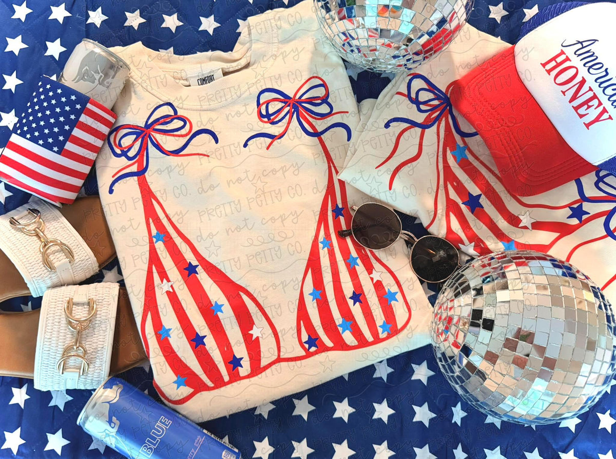 Patriotic Bikini Coquette Shirt, Fourth of July Graphic Tee, American Flag Swimwear Design, Retro USA Summer Tee, Cute Patriotic Comfort Colors Shirt - Pretty Petty Co