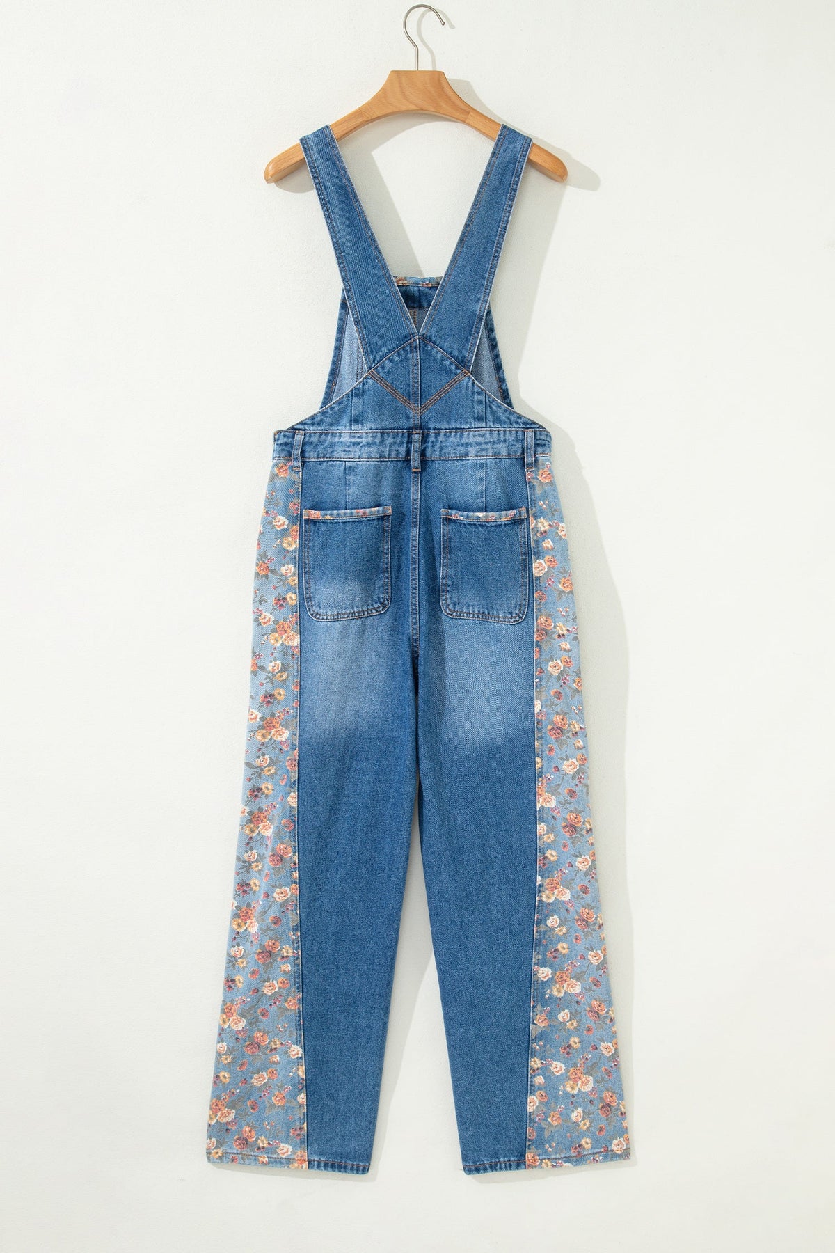 Peacock Blue Floral Patchwork Bib Denim Wide Leg Overalls - Pretty Petty Co