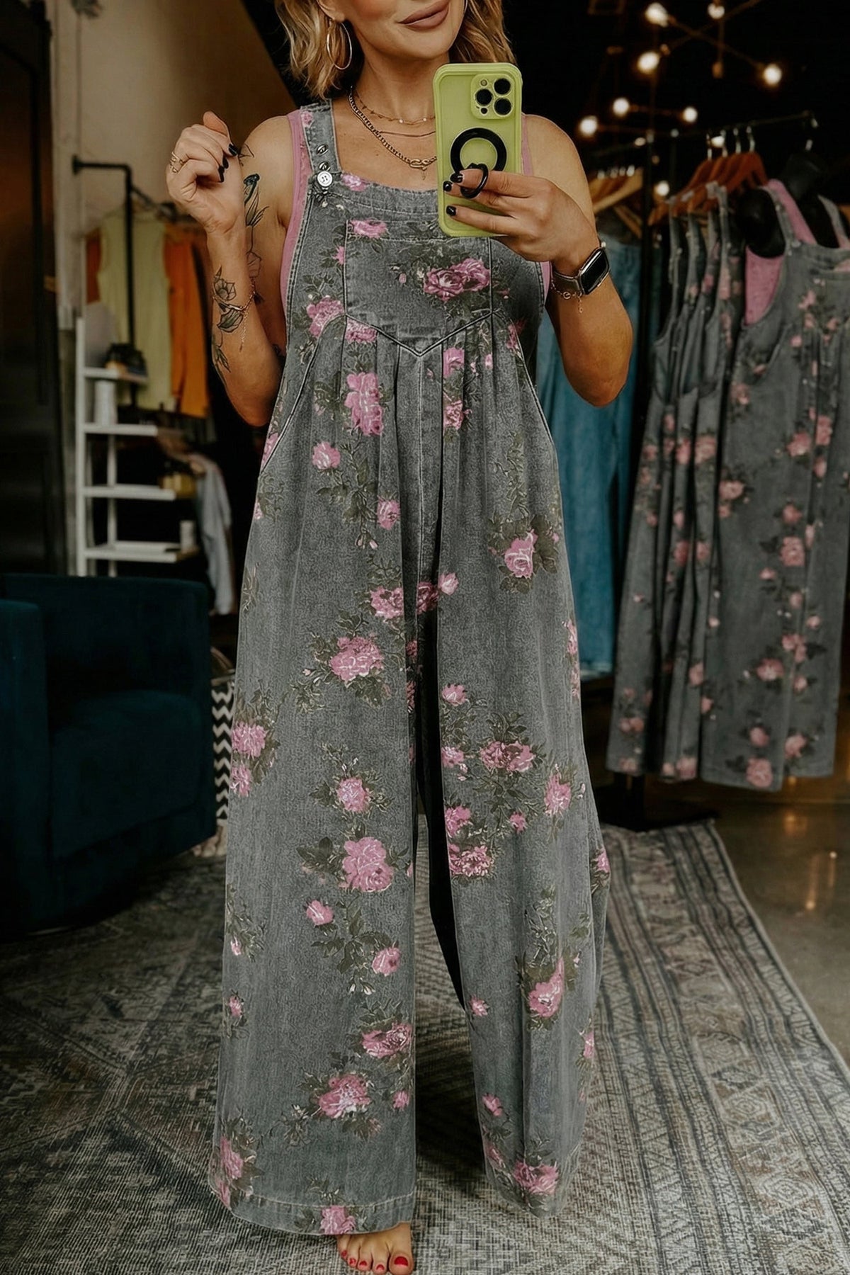 Beau Blue Floral Print Pleated High Waist Wide Leg Denim Jumpsuit - Pretty Petty Co