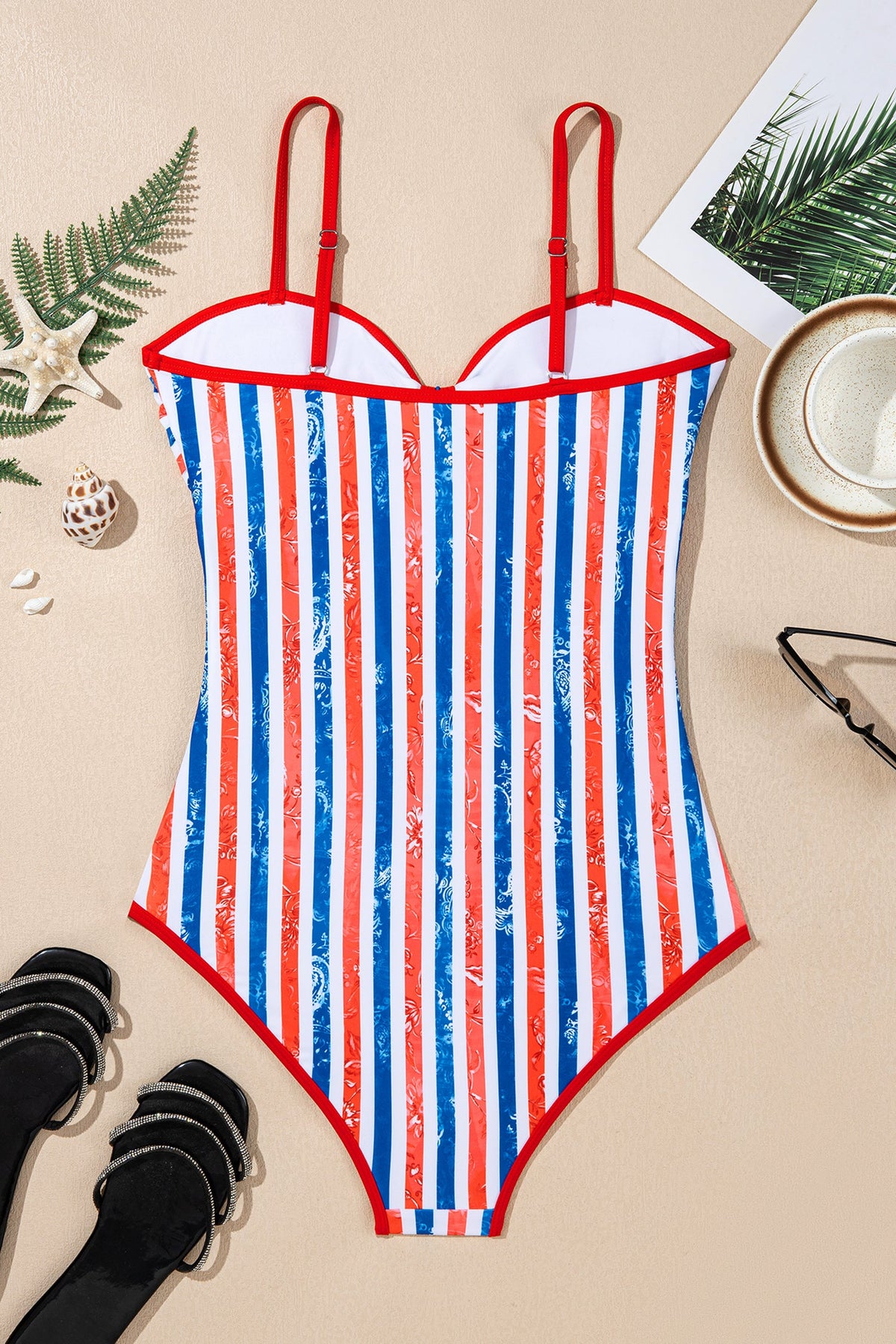 Red July 4th Stripes Star Floral Impression Cutout Spaghetti Straps One Piece Swimsuit - Pretty Petty Co
