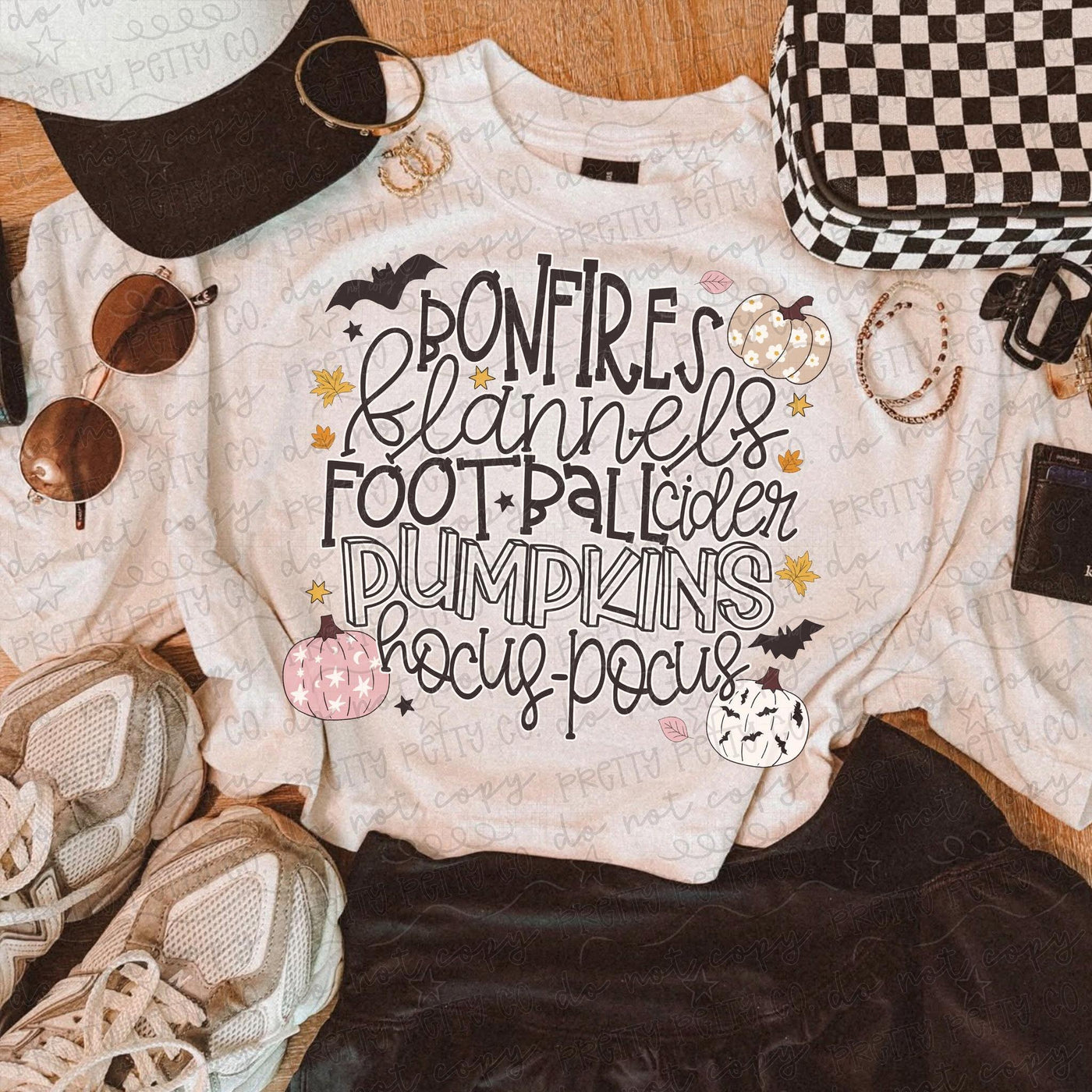 Bonfires Flannels Football Cider Pumpkins Hocus Pocus Shirt | Fall Favorites Graphic Tee | Autumn Halloween T-Shirt