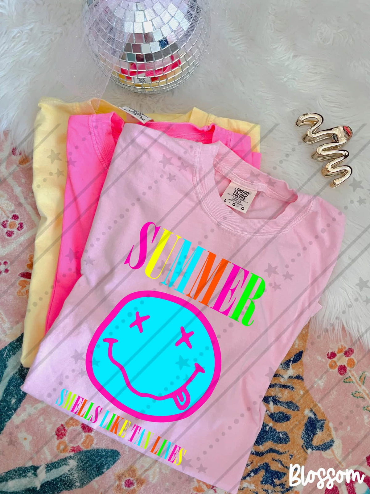 Summer Smiley Shirt | Smells Like Tan Lines Graphic Tee | Colorful Smiley Face Shirt | Beach Vacation Apparel | Summer Vibes Tee