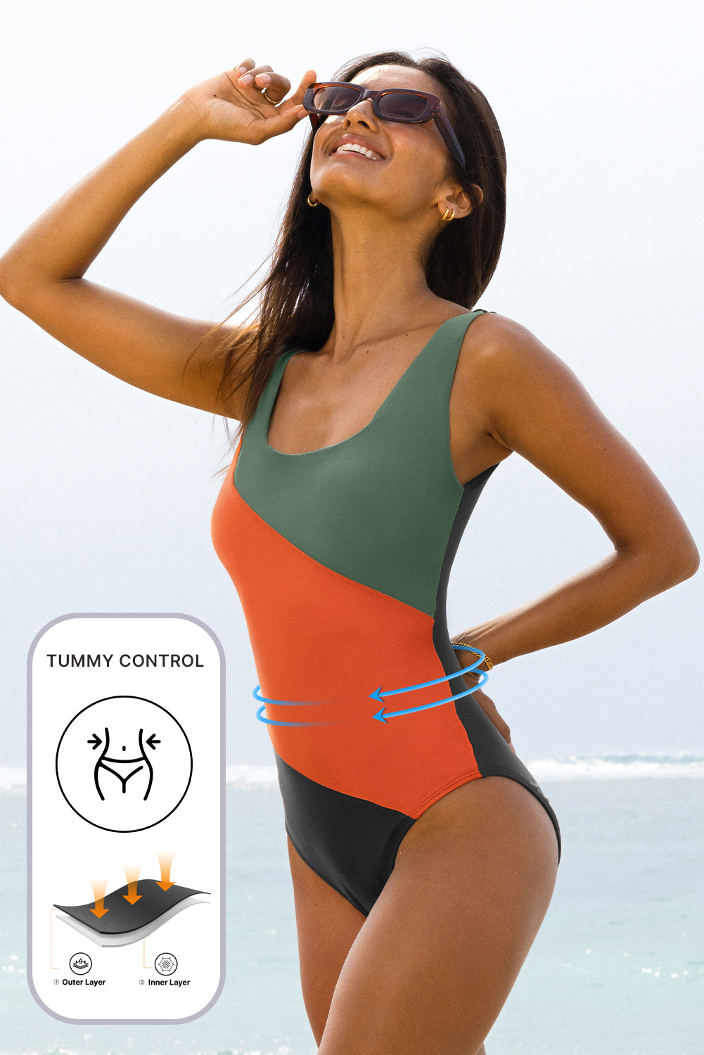 Duffel Green Color Block Padded Square Neck One Piece Swimsuit - Pretty Petty Co