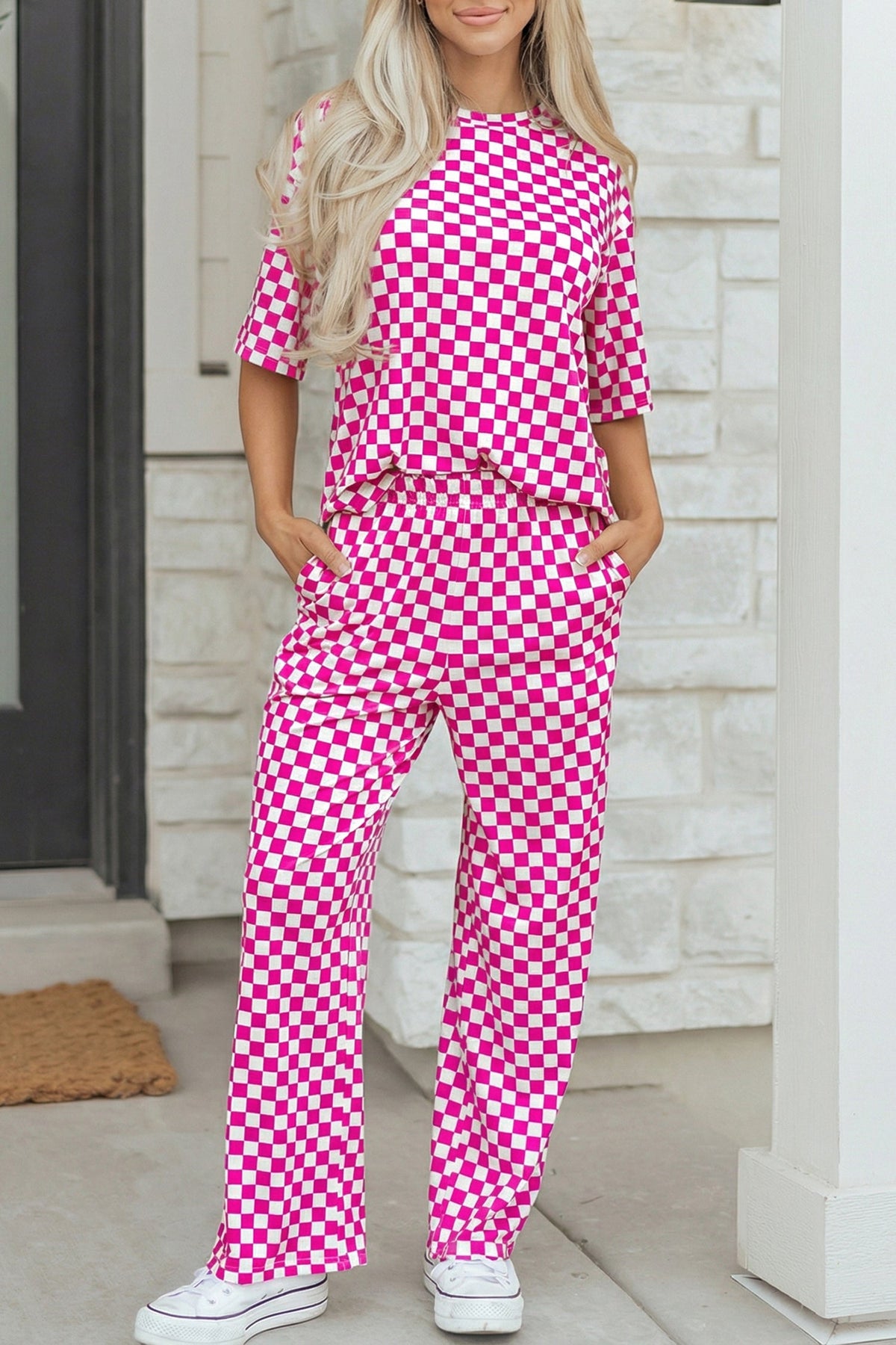 Rose Checkered Print Half Sleeve Tee 2pcs Lounge Pant Set - Pretty Petty Co